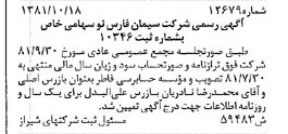 خبر روزنامه رسمی شماره 16876 چاپ شده در تاريخ 1381/11 درباره شرکت سیمان فارس نو